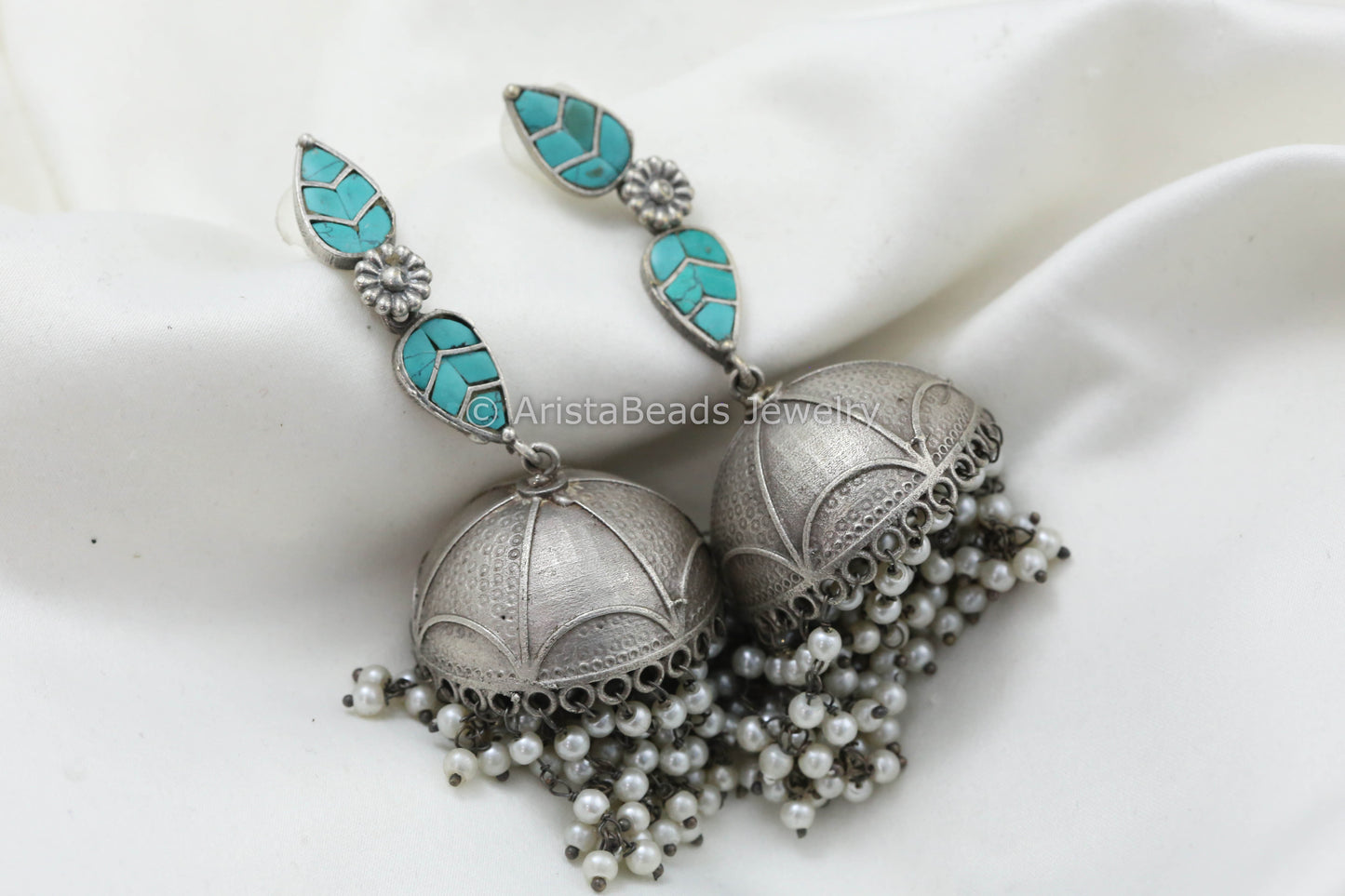 Long Jadau Kundan Silver Fusion Jhumka - Turquoise