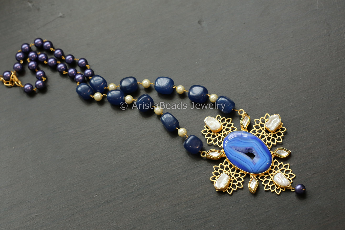 Contemporary Kundan, Baroque & Blue Agate Geode Druzy Necklace