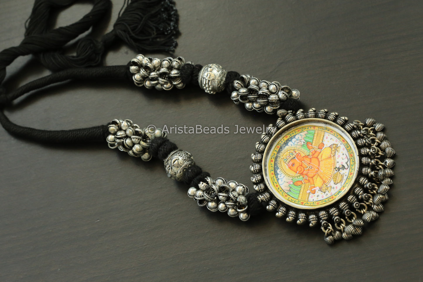 Hand Painted Silver Look Necklace - Black Thread
