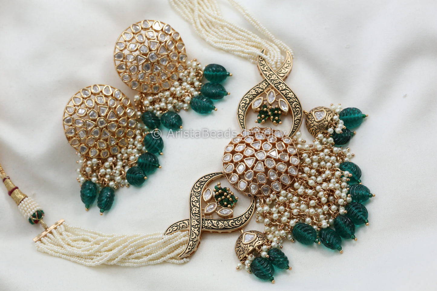 Uncut Polki Kundan Choker Set - Green Drops