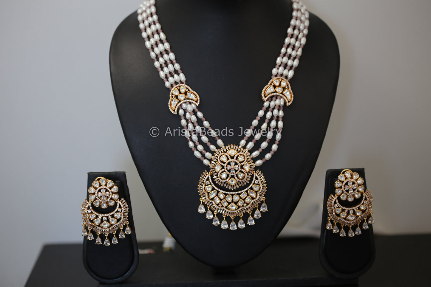 Real Pearls Kundan CZ Necklace Set - Pastel Pink