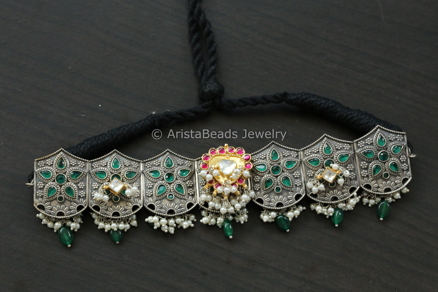 Ruby Pachi Motif Green Oxidized Choker