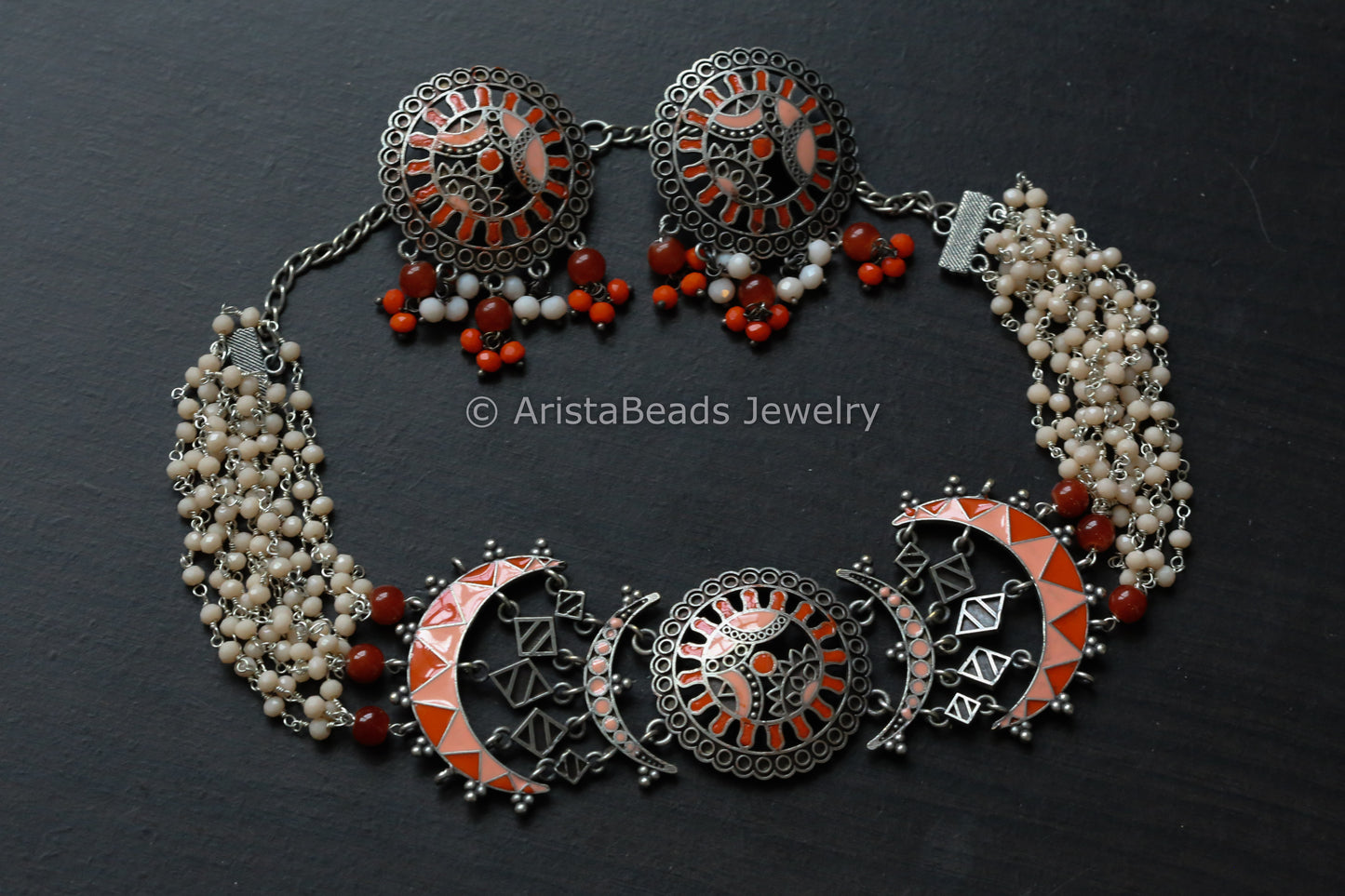 Oxidized Enamel Choker Necklace Set -Orange Peach