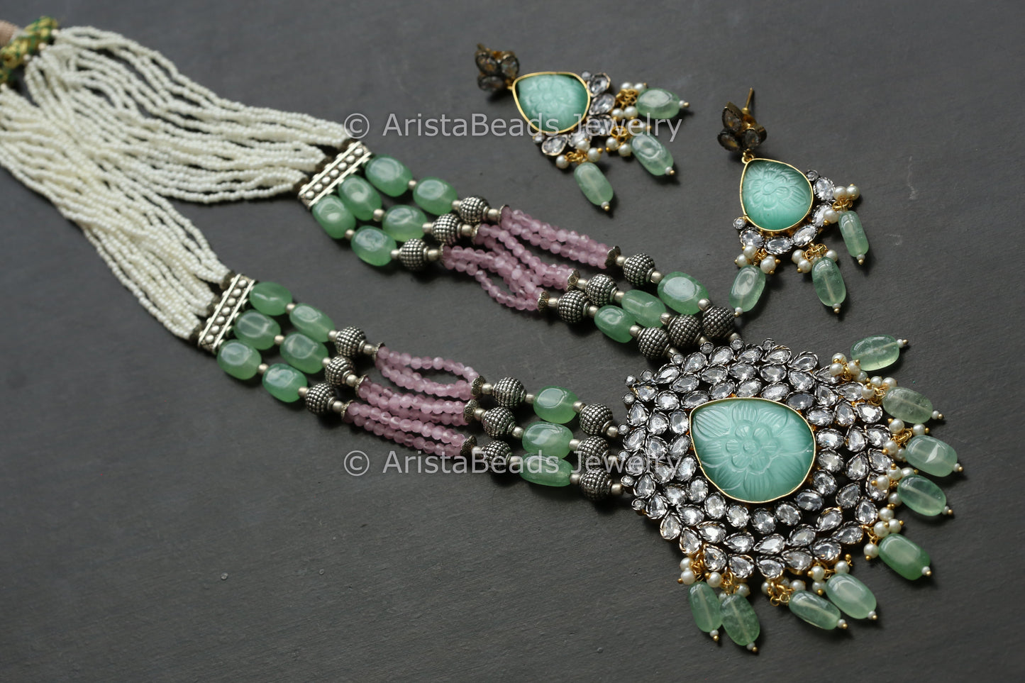Contemporary Polki Carved Stone Necklace Set