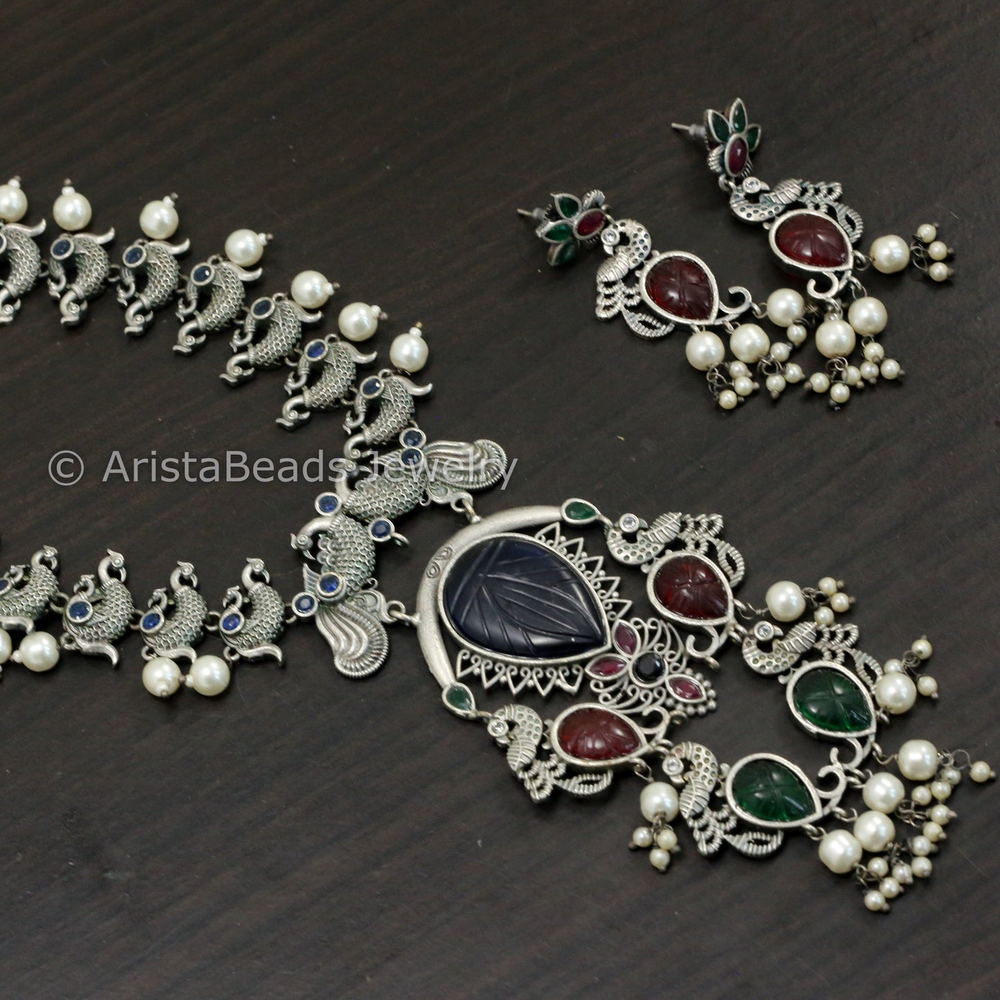 Carved Stone Oxidized Peacock Necklace Set - Multicolor