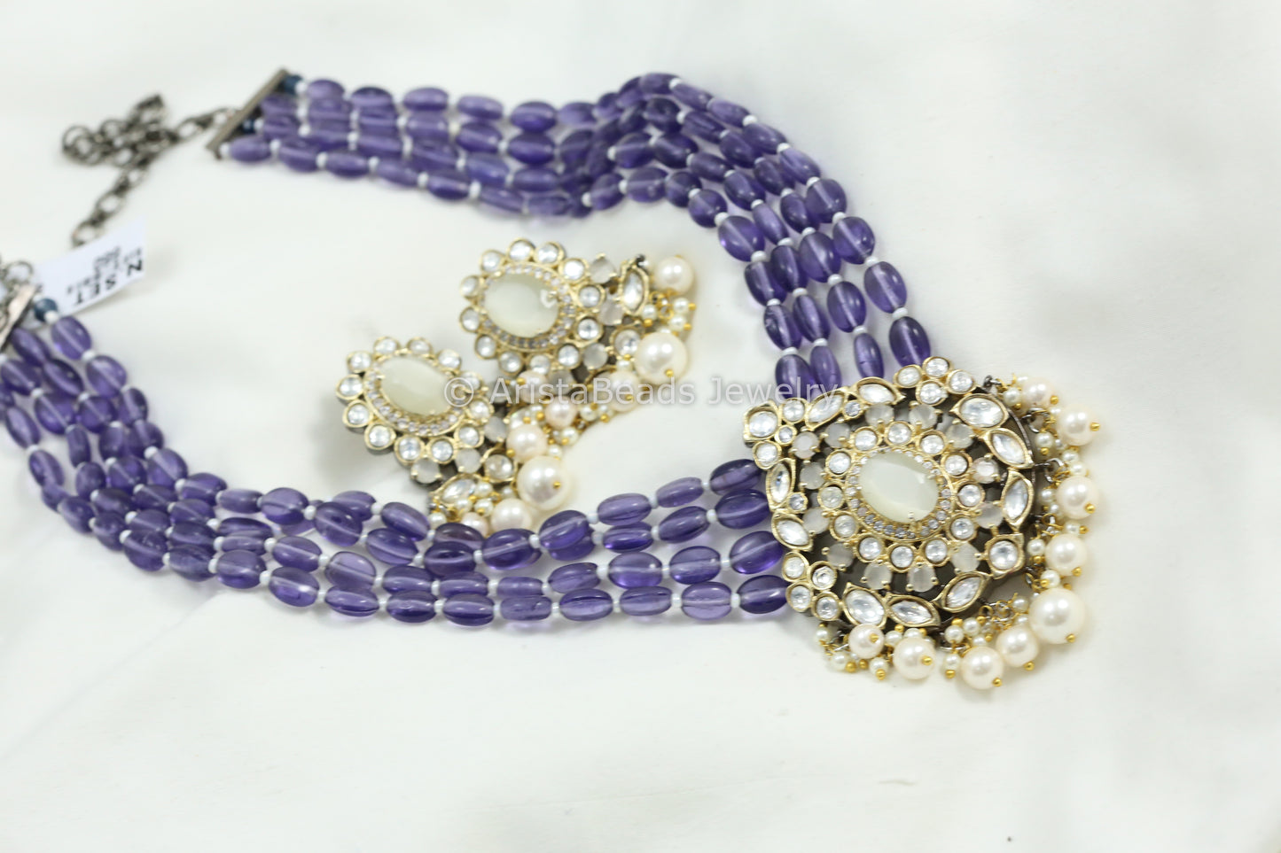 Victorian Uncut Kundan Necklace Set - Purple