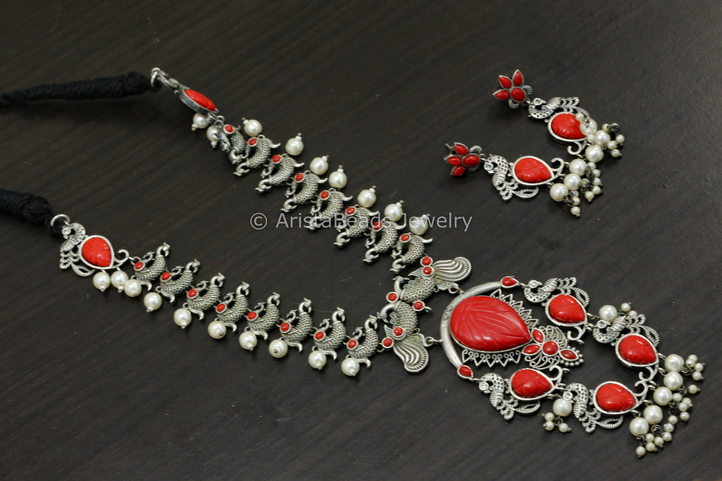 Carved Stone Oxidized Peacock Necklace Set - Coral