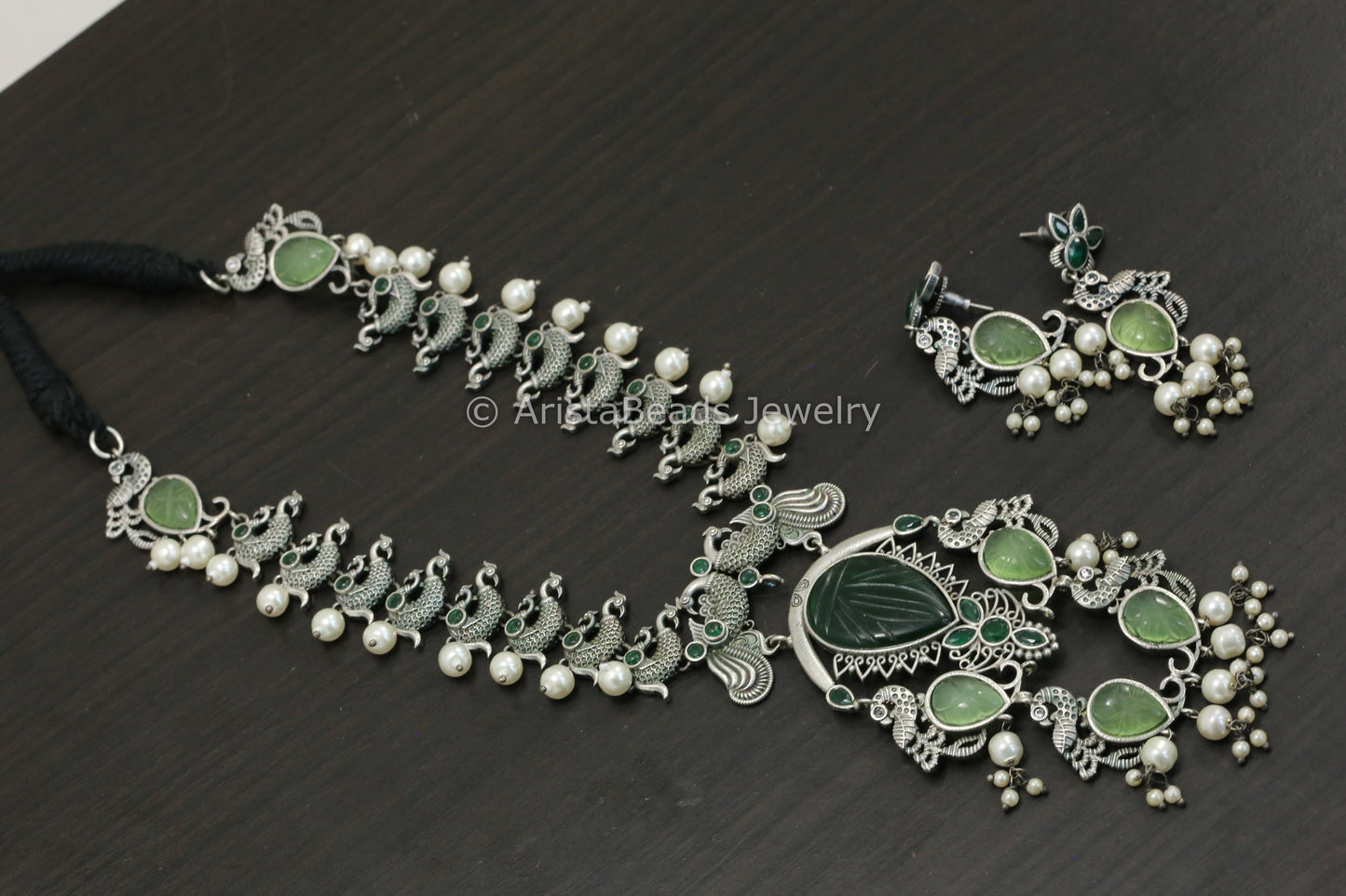Carved Stone Oxidized Peacock Necklace Set - Green