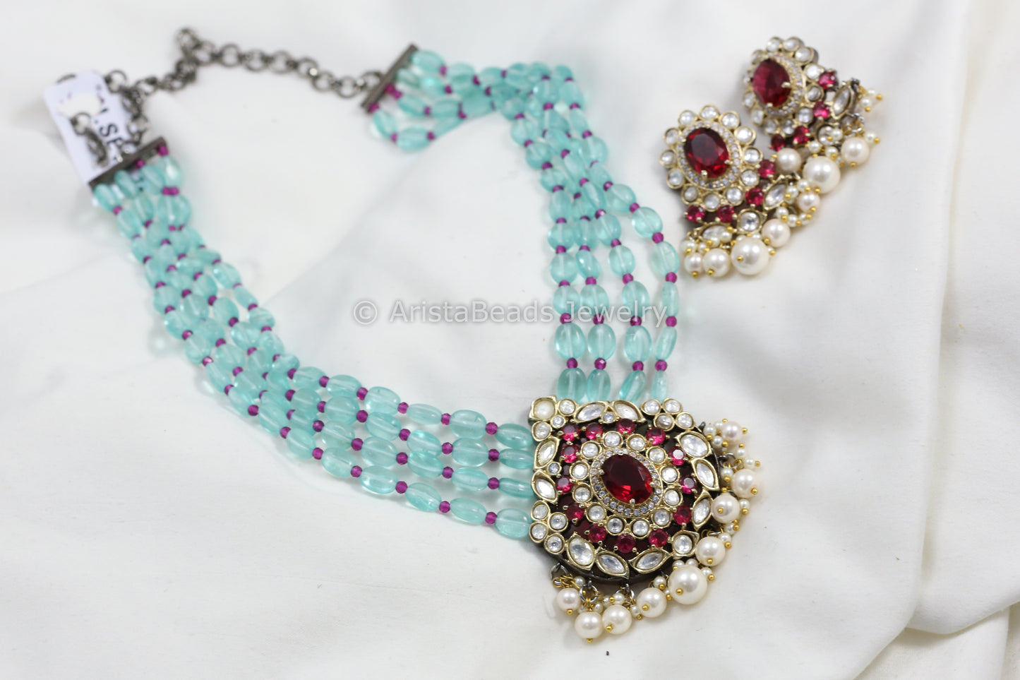 Victorian Uncut Kundan Necklace Set -Aqua