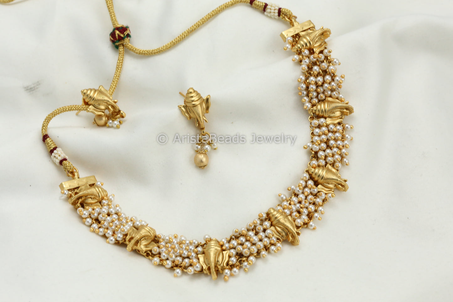 Gajra Style Ganesha Temple Necklace Set - Pearl