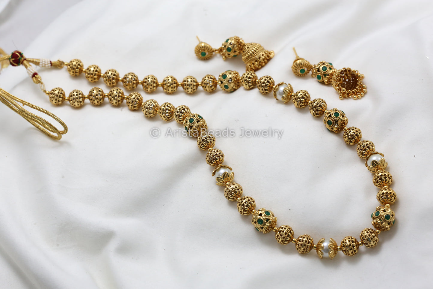 Antique Gold Beaded Mala Set - Green