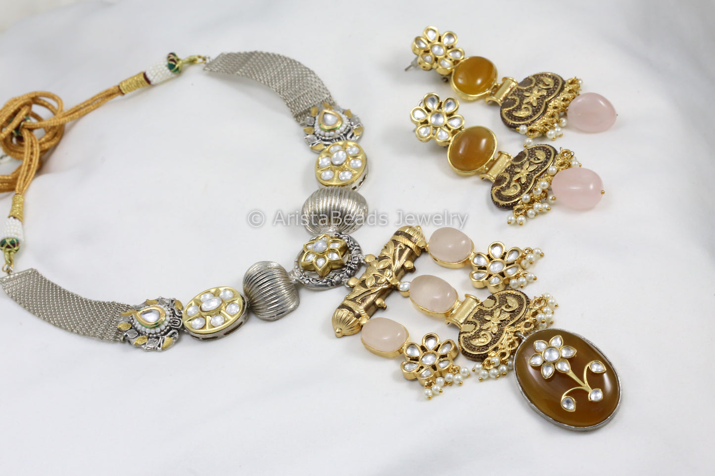 Contemporary Dual Tone Uncut Kundan Set - Rose Quartz
