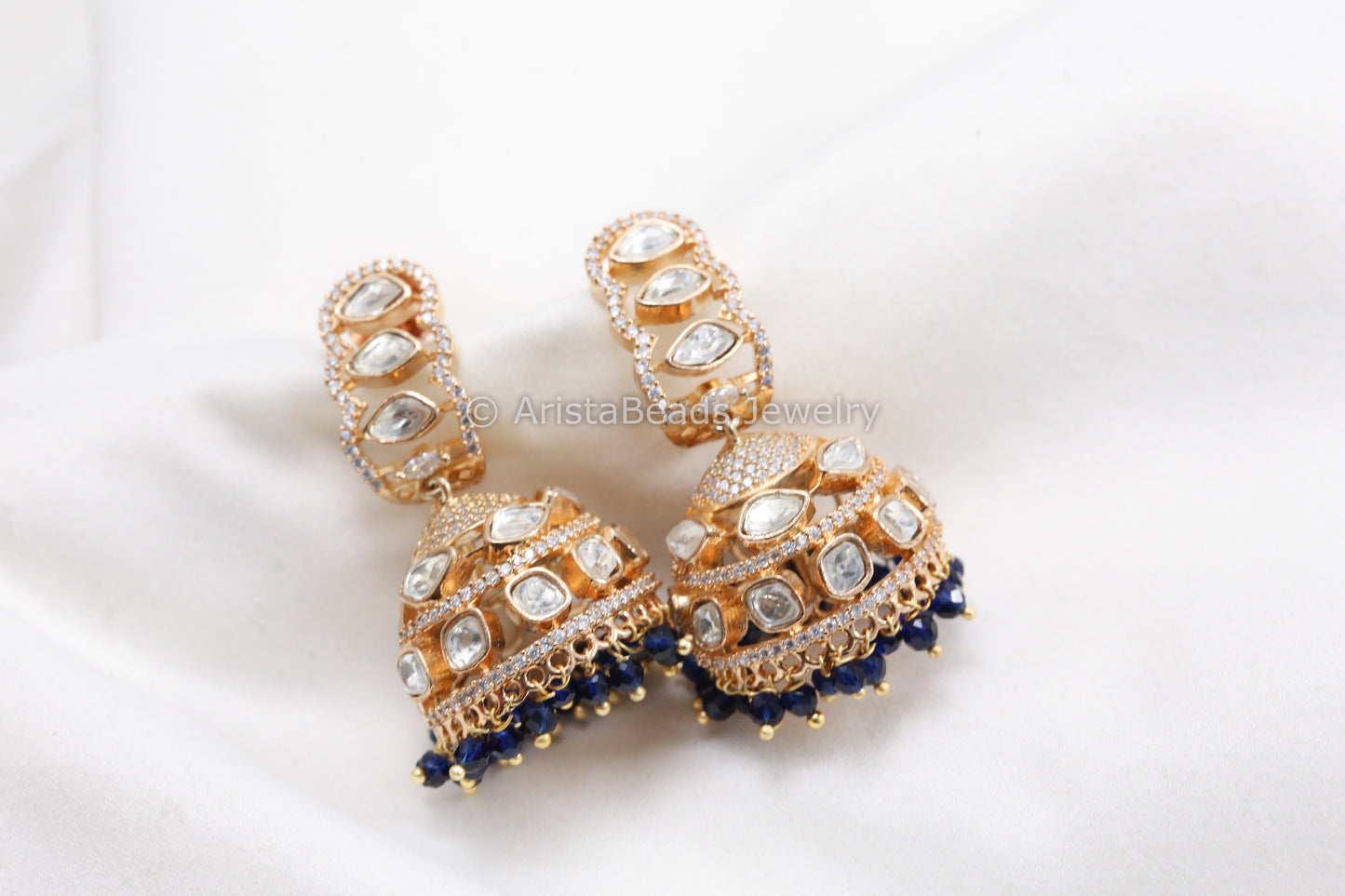 Gold CZ & Uncut Polki Jhumka - Blue