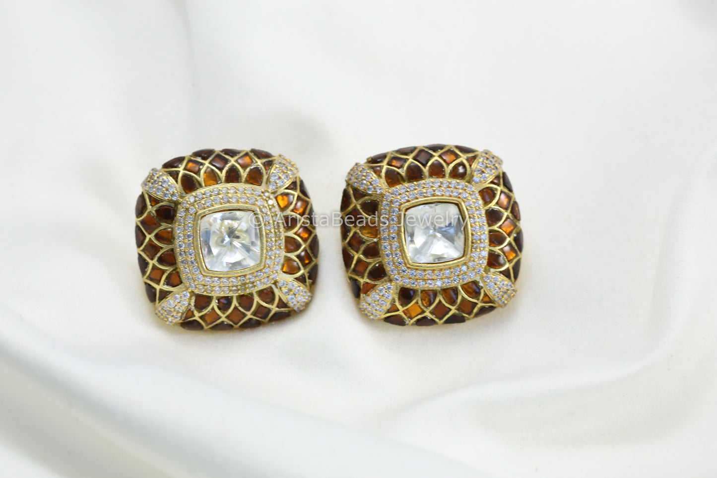 Next To Real Large Moissanite Polki & Jadau Stone Studs - Brown