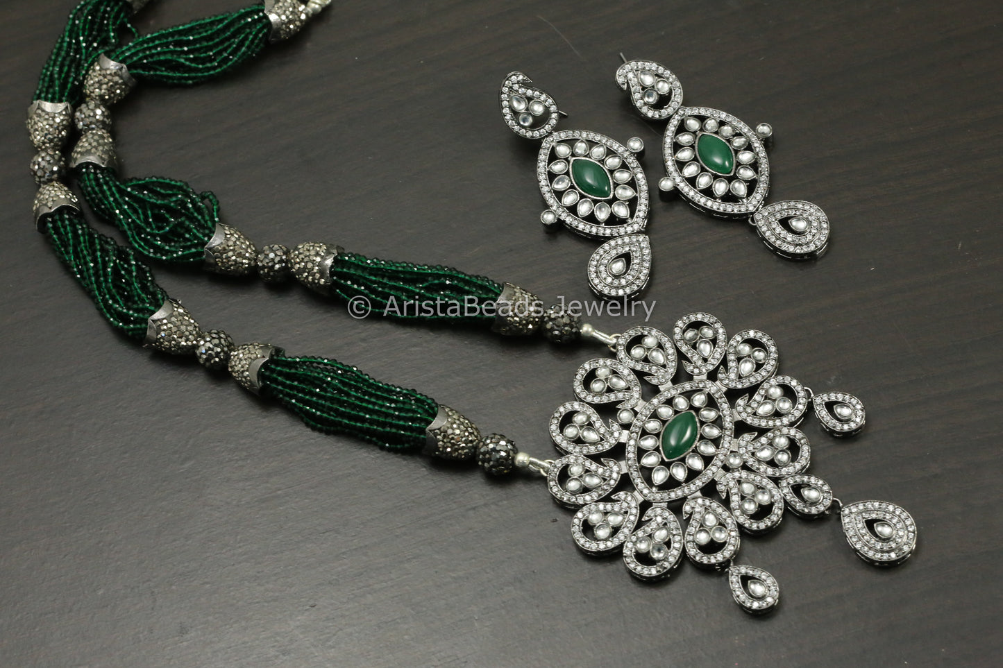 Victorian Hydro Beaded Necklace Set - Green