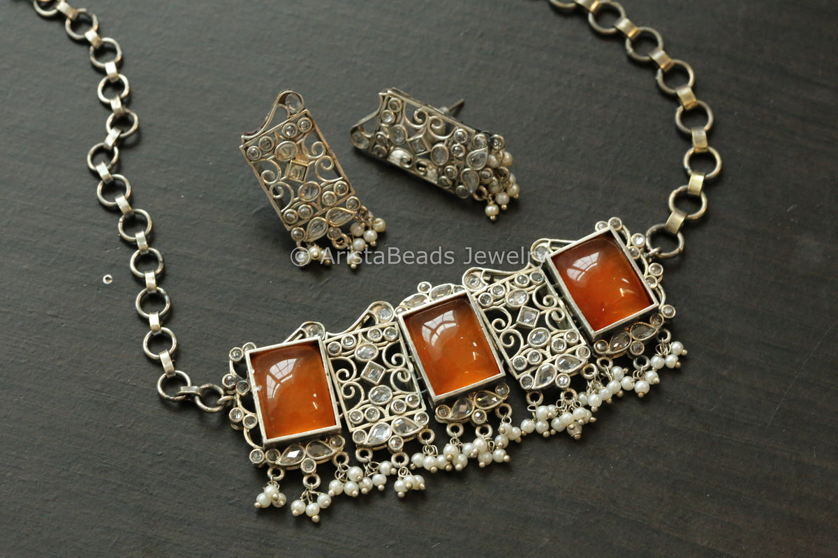 Orange Quartz Oxidized Choker Set