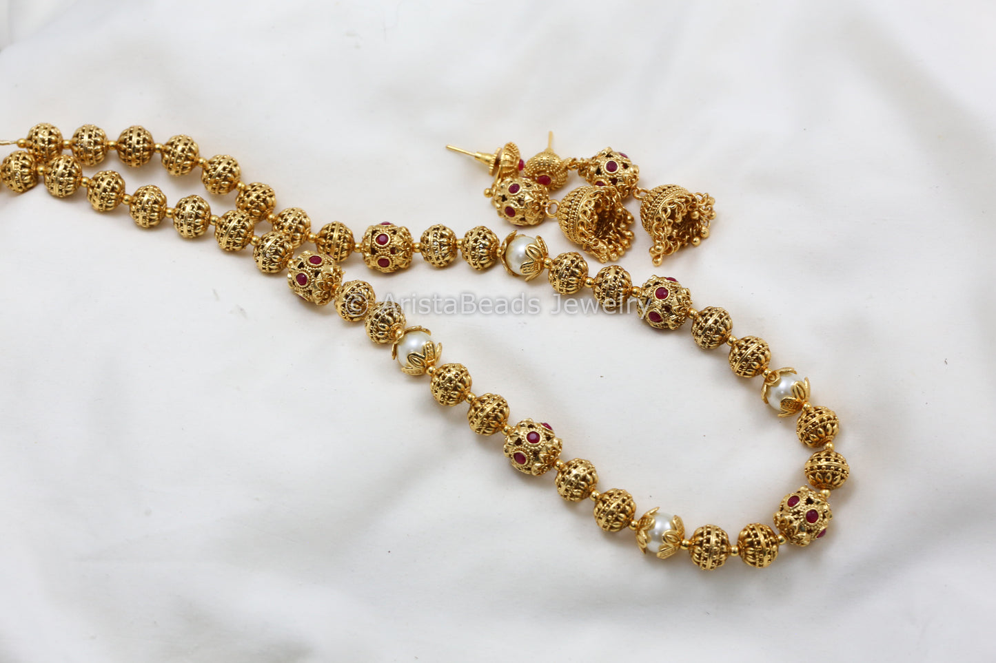 Antique Gold Beaded Mala Set - Ruby