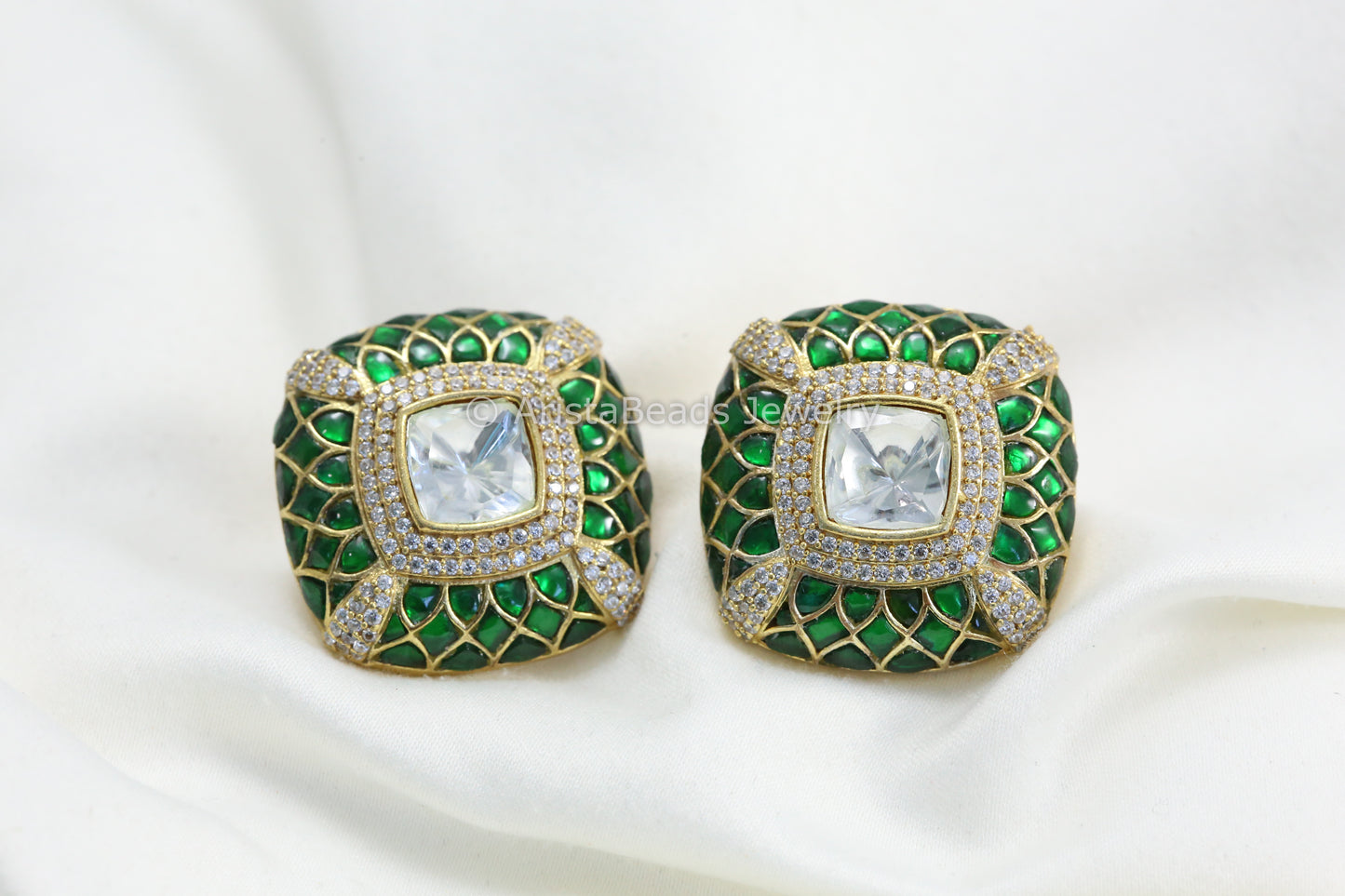 Next To Real Large Moissanite Polki & Jadau Stone Studs - Green