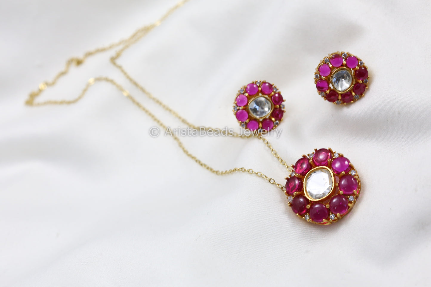 Dainty Uncut Polki Pendant Set - Ruby