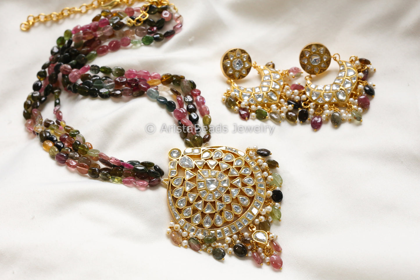 Handmade Real Tourmaline Kundan Jadau Necklace Set