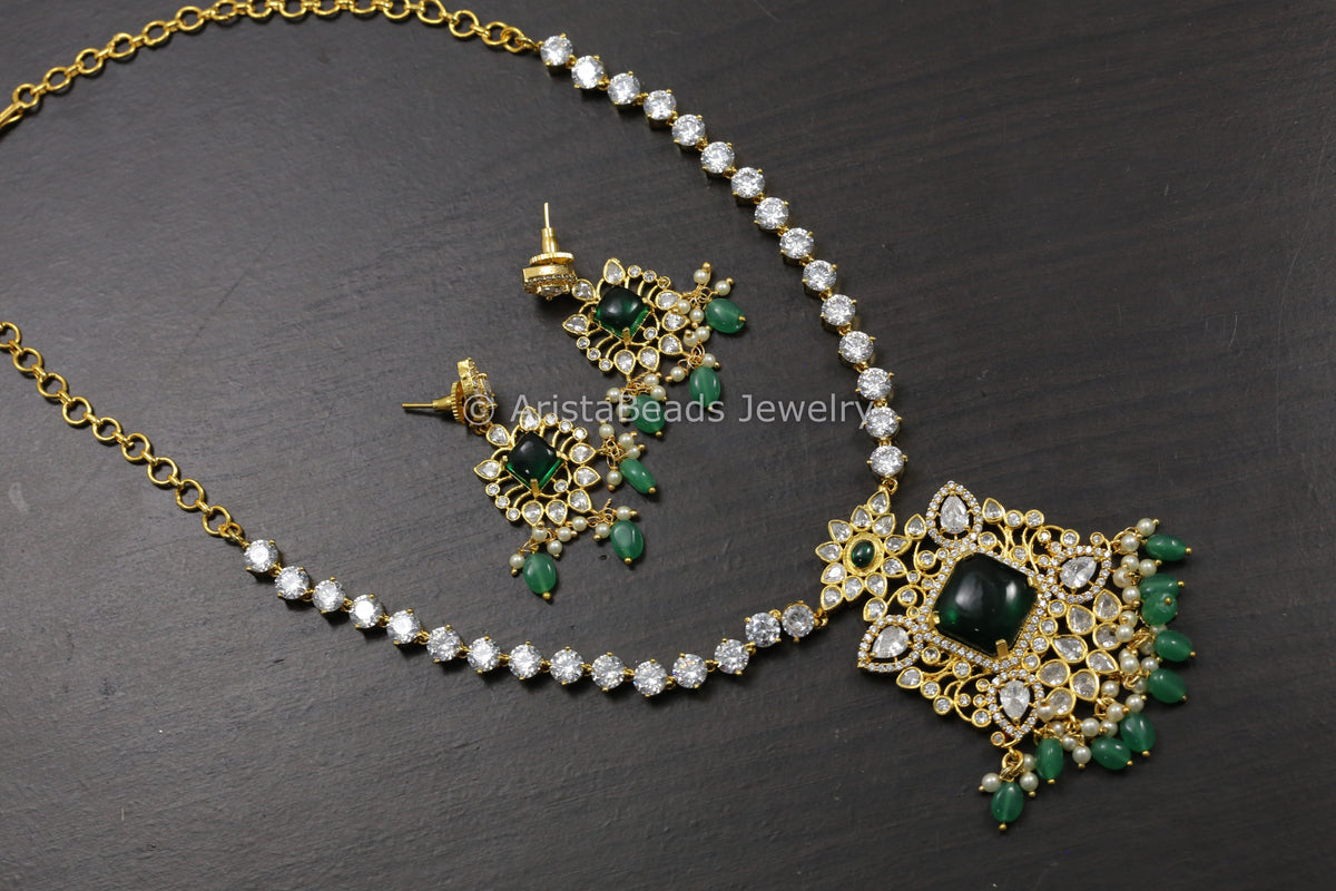 Next To Real CZ Polki & Pota Stone Necklace Set