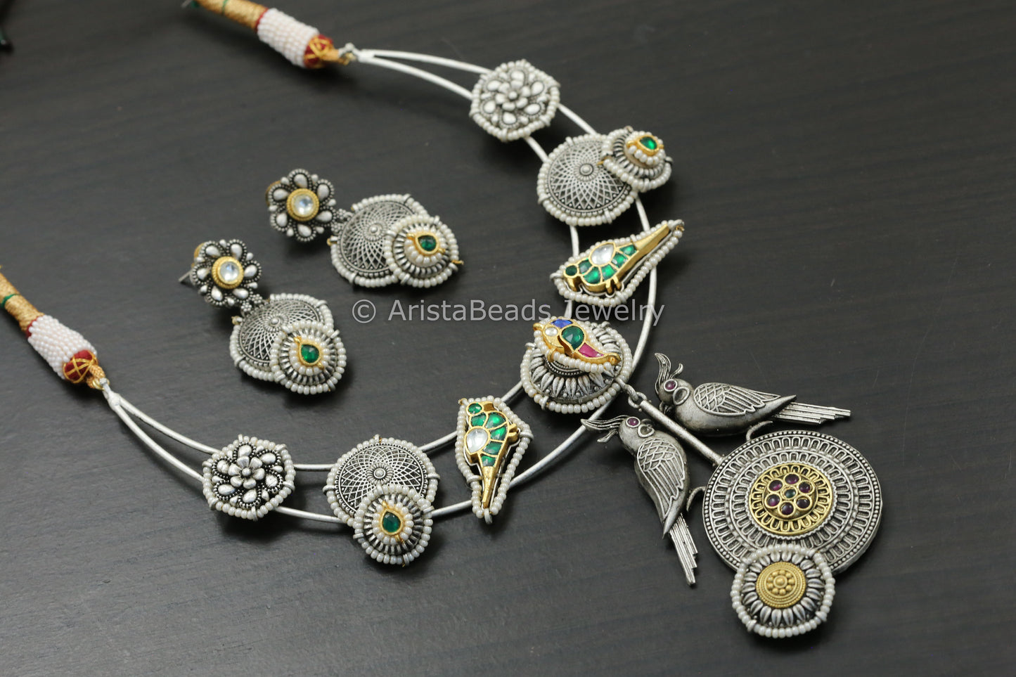 Silver Look Pachi Kundan Hasli Necklace Set - Green