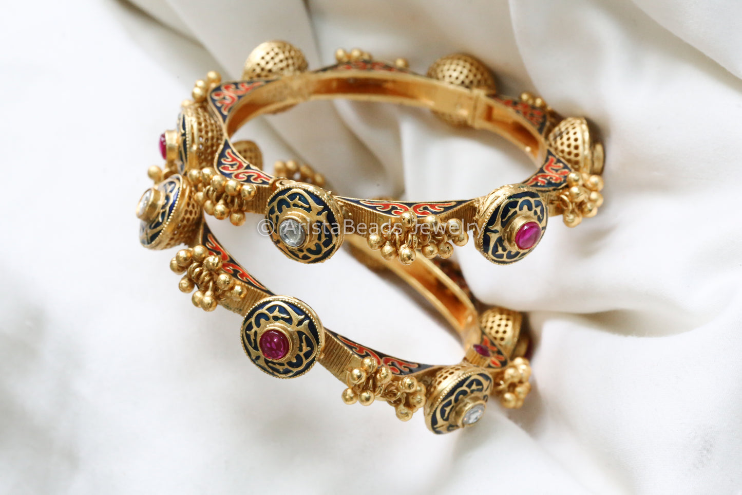 Antique Gold Bangle With Enamel, Kundan & Kemp (2.6, Openable)
