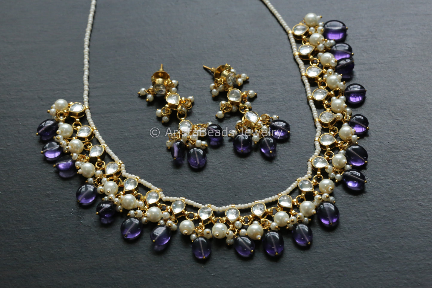 Dainty Pachi Kundan Necklace Set - Purple Drops