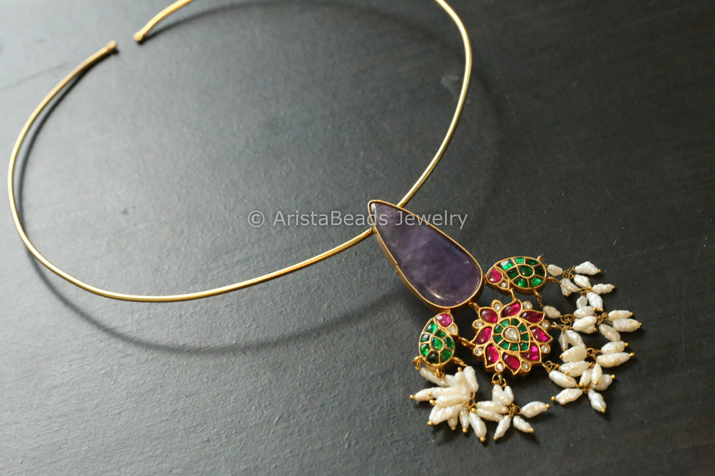 Amethyst Cab & Jadau Hasli Necklace (Adjustable)