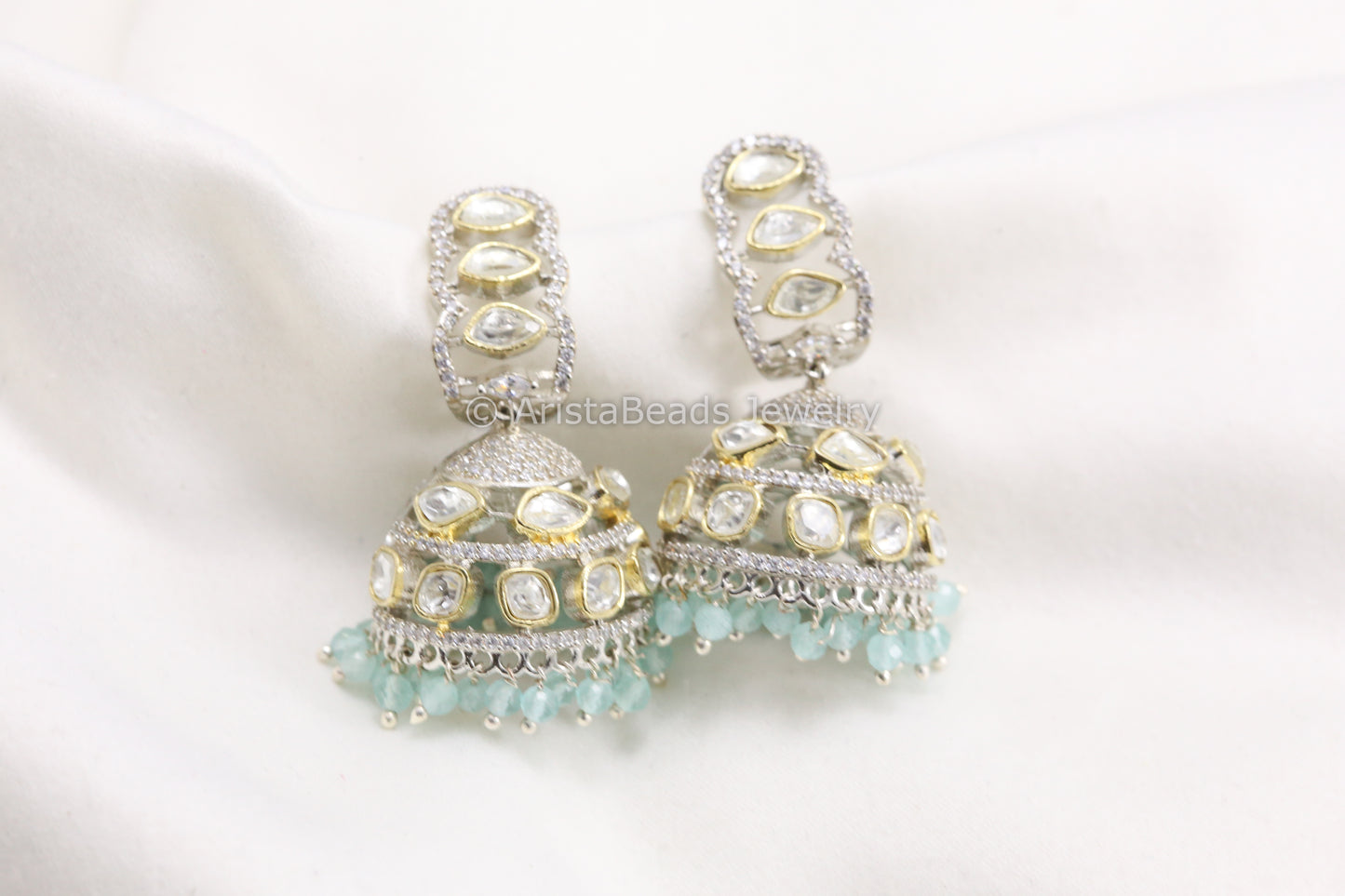 Dual Tone CZ & Uncut Polki Jhumka - Aqua