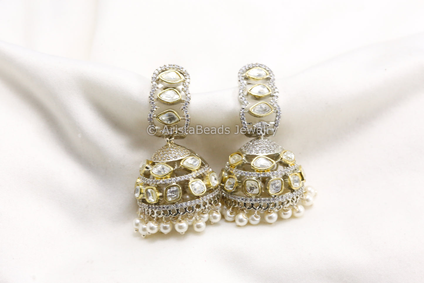 Dual Tone CZ & Uncut Polki Jhumka - Pearl