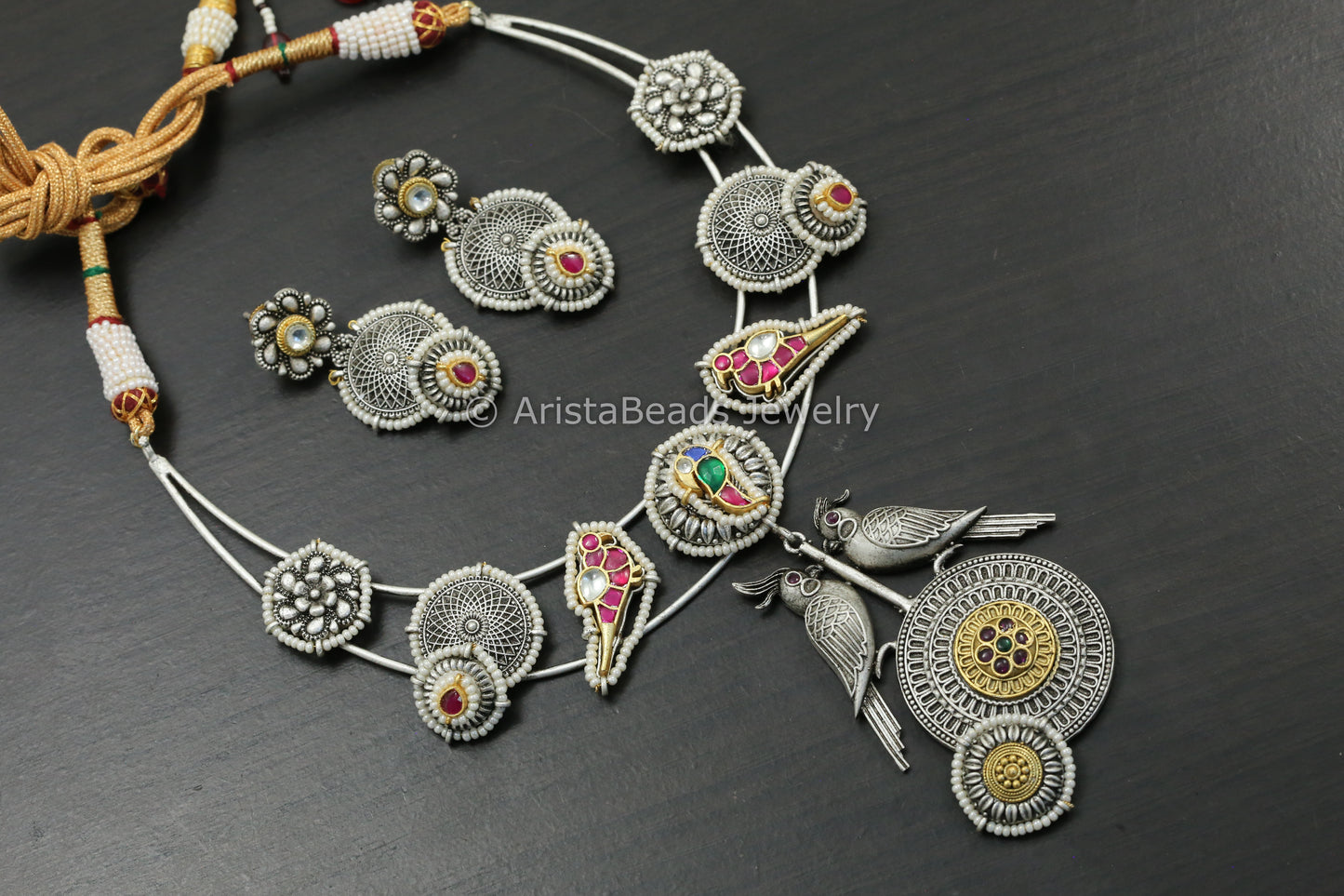 Silver Look Pachi Kundan Hasli Necklace Set - Ruby