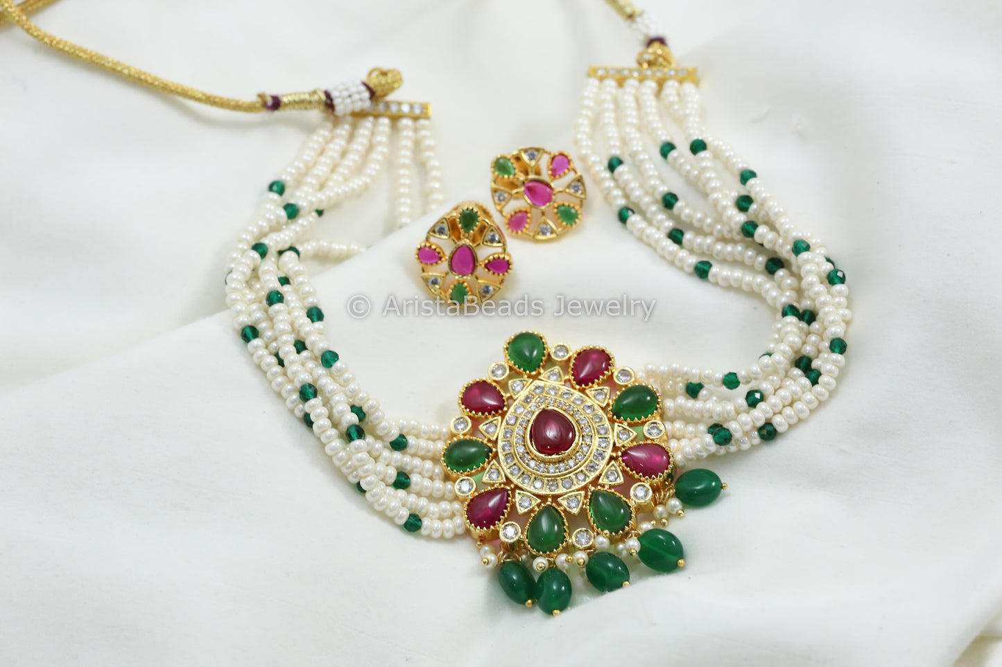 Green Ruby CZ & Kemp Polki Necklace Set