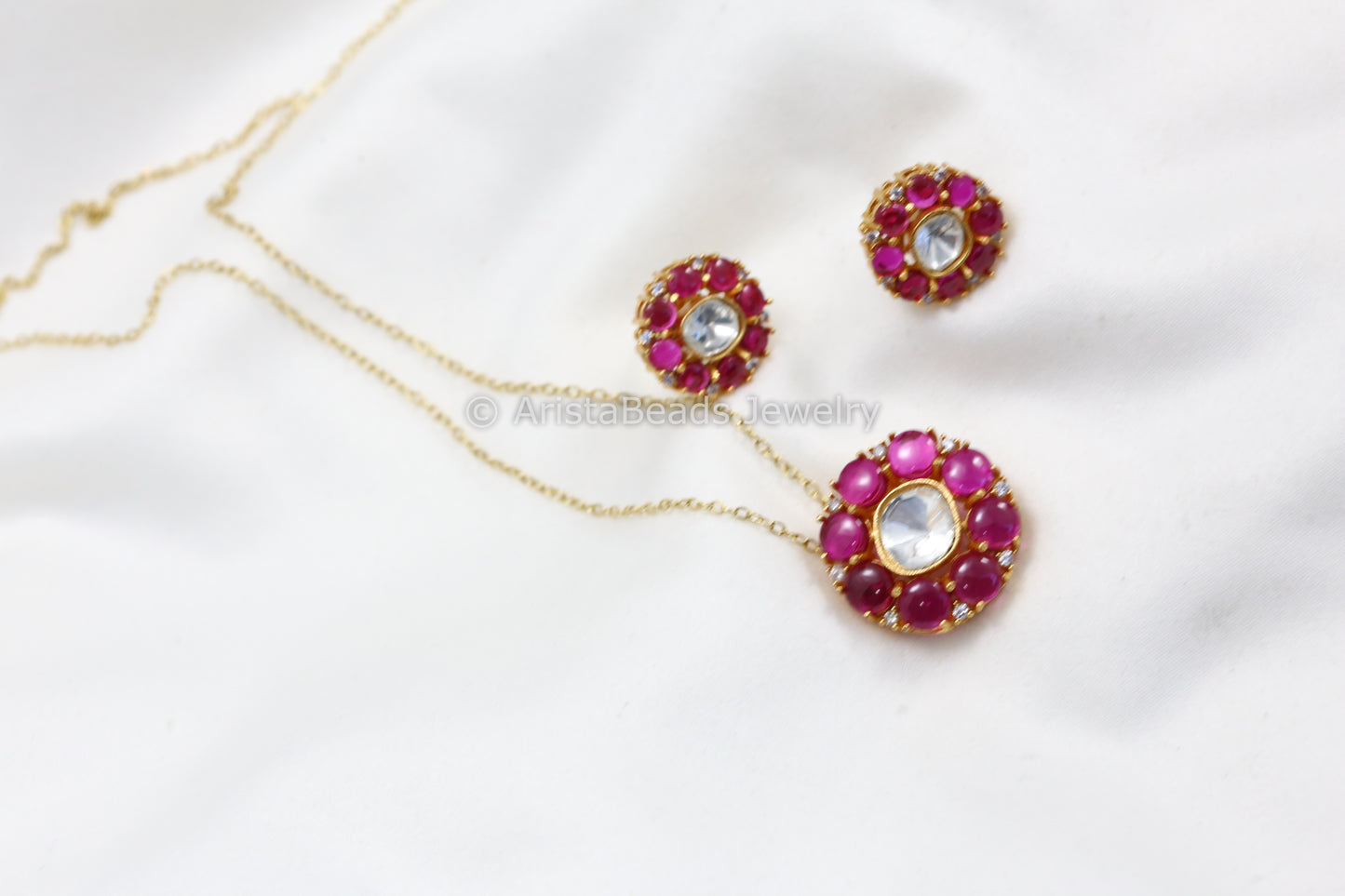 Dainty Uncut Polki Pendant Set - Ruby