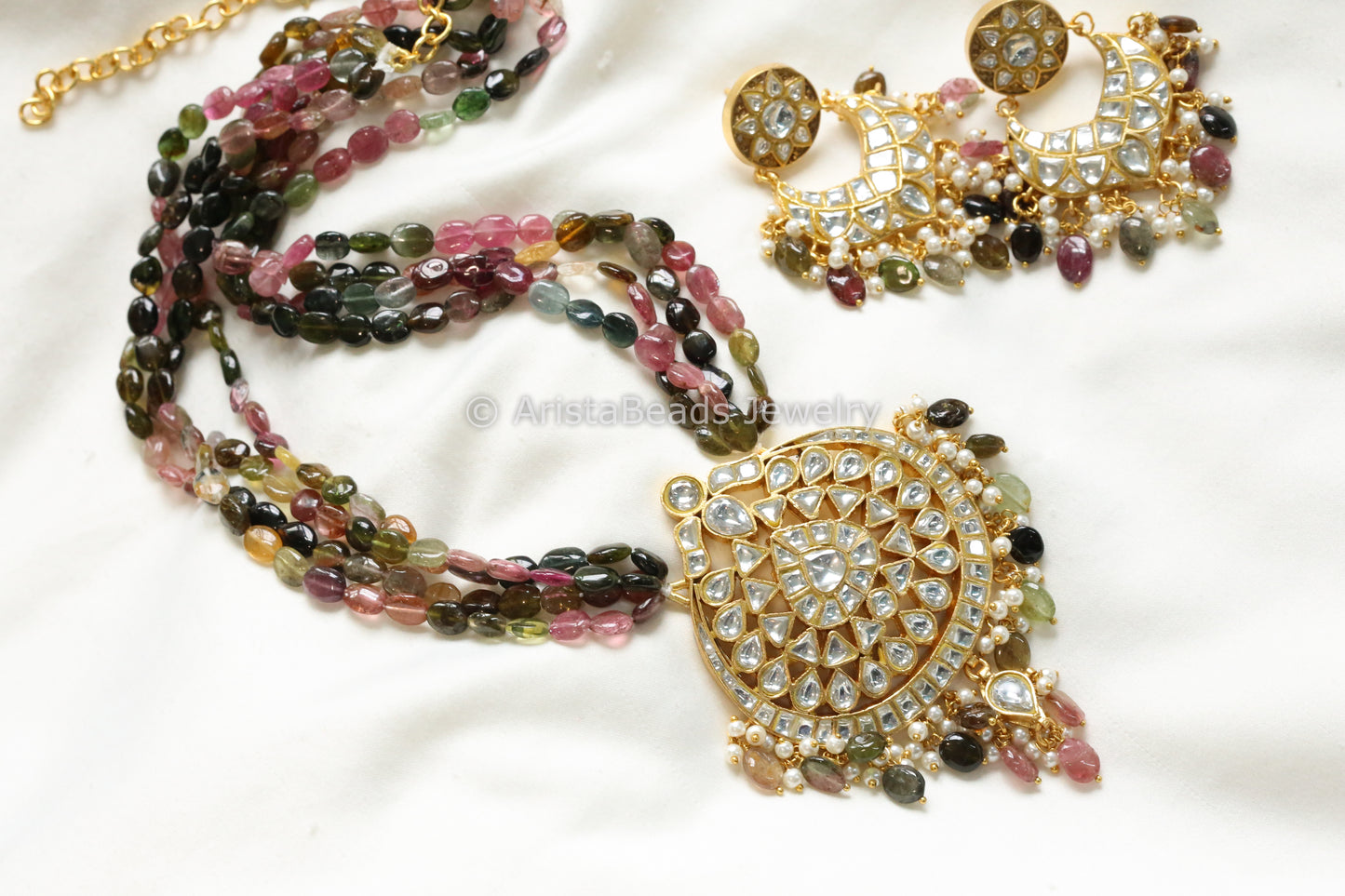 Handmade Real Tourmaline Kundan Jadau Necklace Set