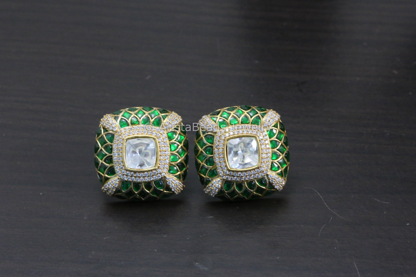 Next To Real Large Moissanite Polki & Jadau Stone Studs - Green