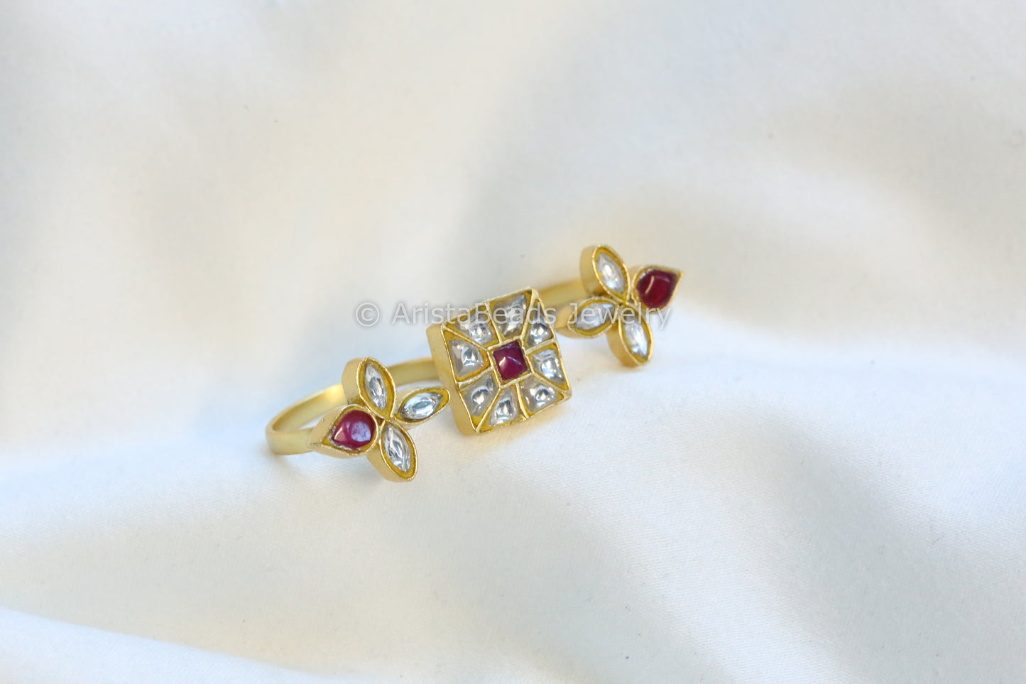 Jadau Kundan Two Finger Bar Ring (Adjustable) -Ruby Clear