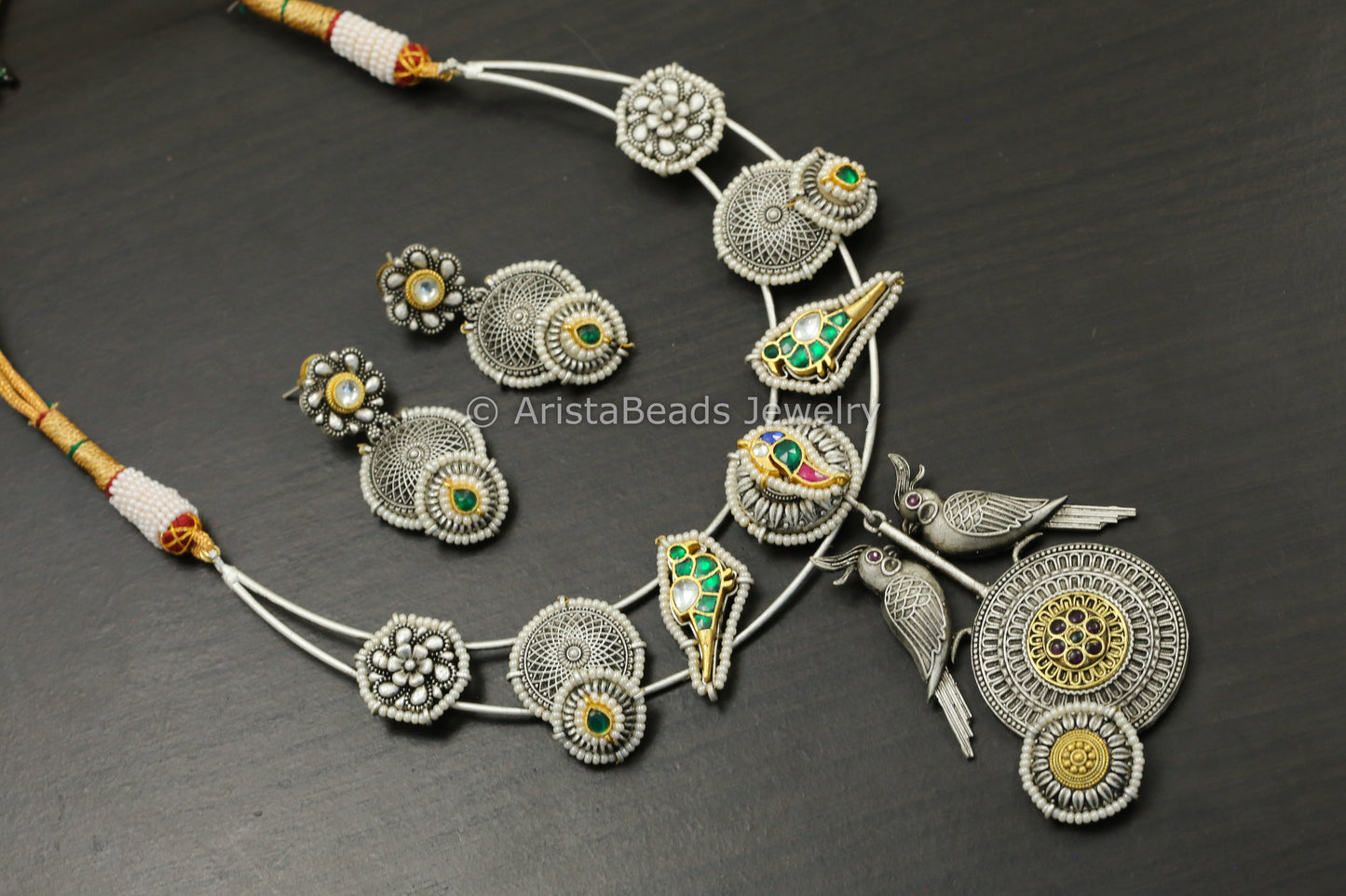 Silver Look Pachi Kundan Hasli Necklace Set - Green