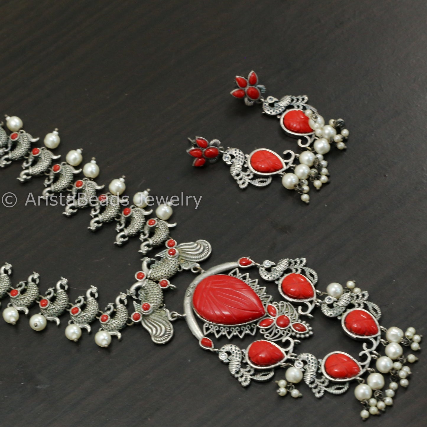 Carved Stone Oxidized Peacock Necklace Set - Coral