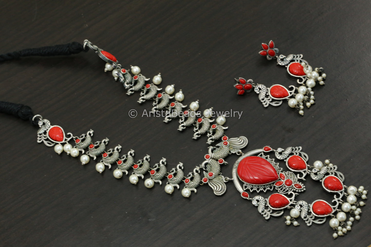 Carved Stone Oxidized Peacock Necklace Set - Coral