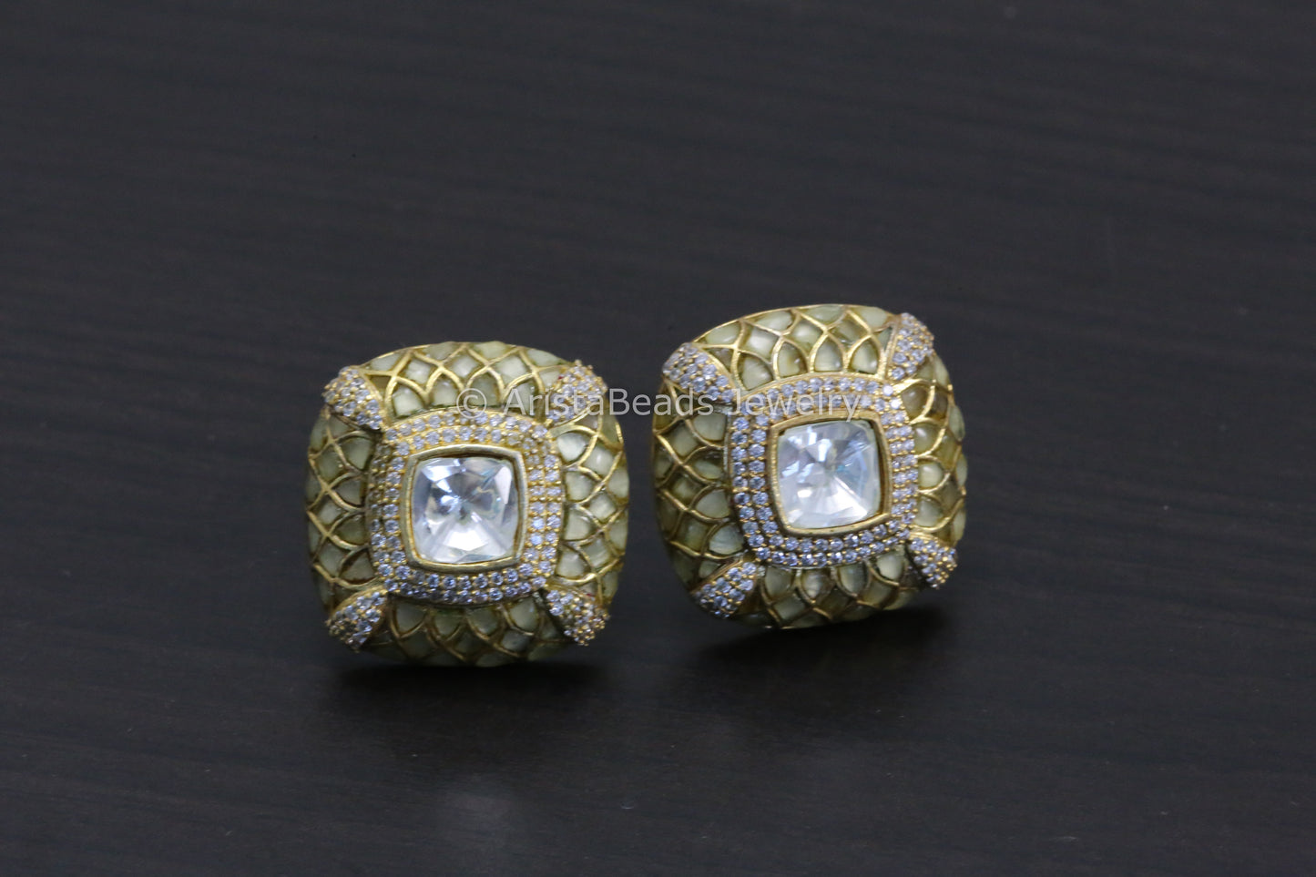Next To Real Large Moissanite Polki & Jadau Stone Studs - Olive