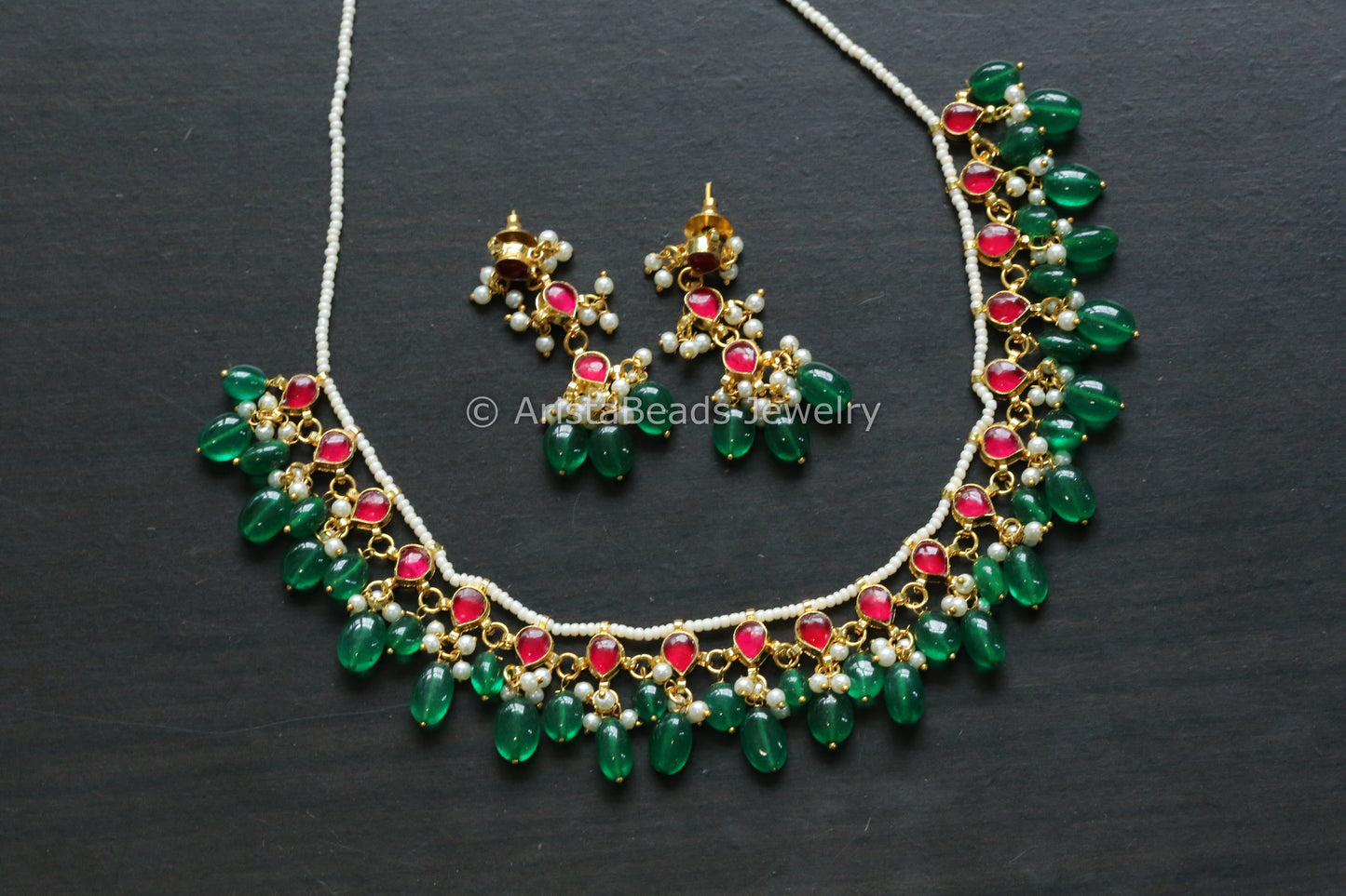 Dainty Ruby Pachi Kundan Necklace Set - Green Drops