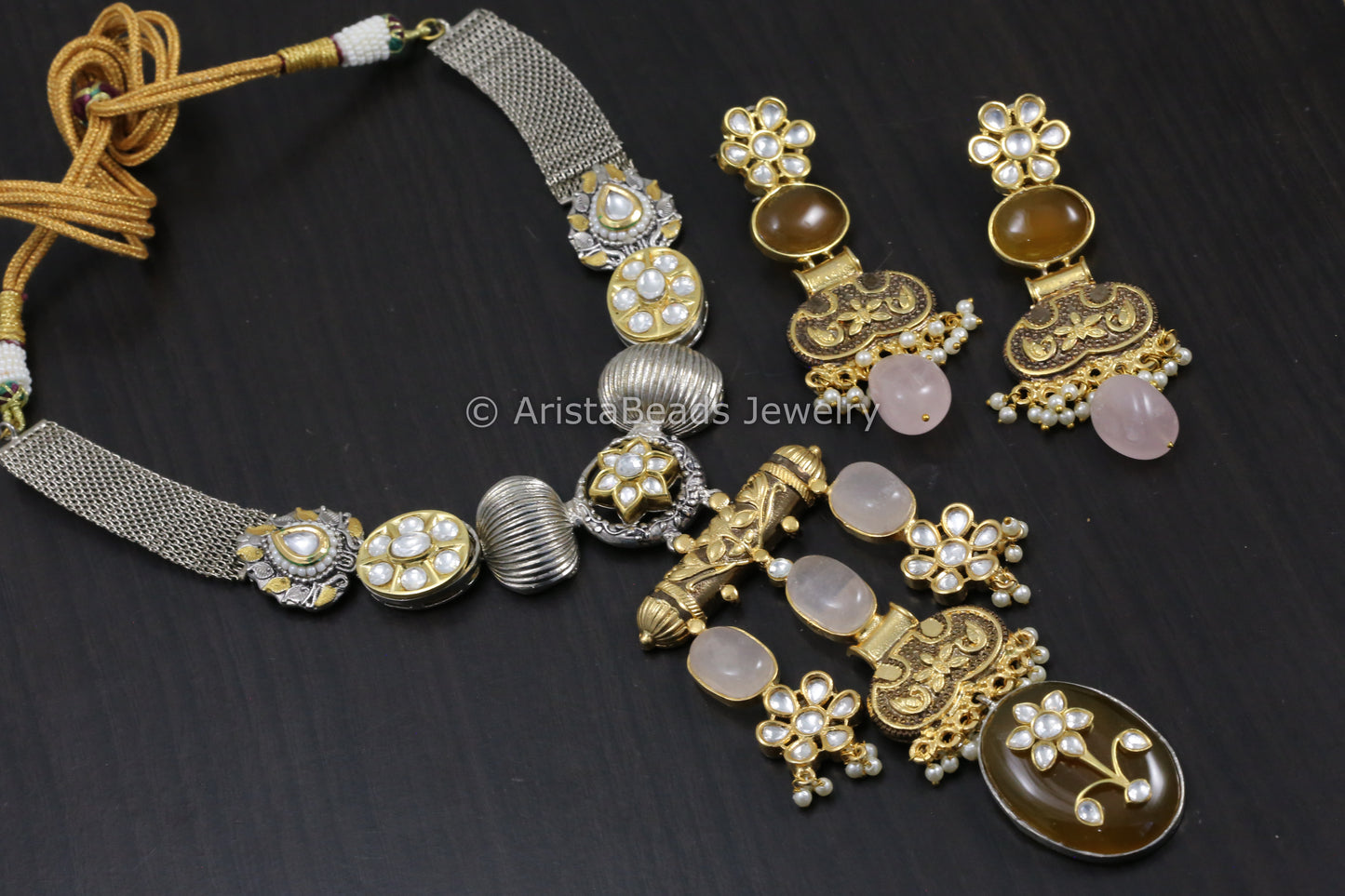 Contemporary Dual Tone Uncut Kundan Set - Rose Quartz