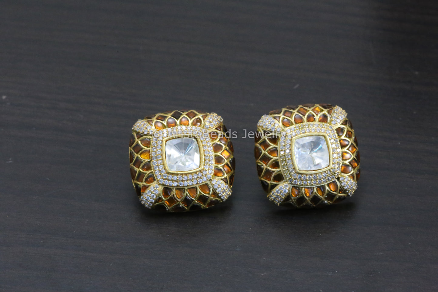 Next To Real Large Moissanite Polki & Jadau Stone Studs - Brown