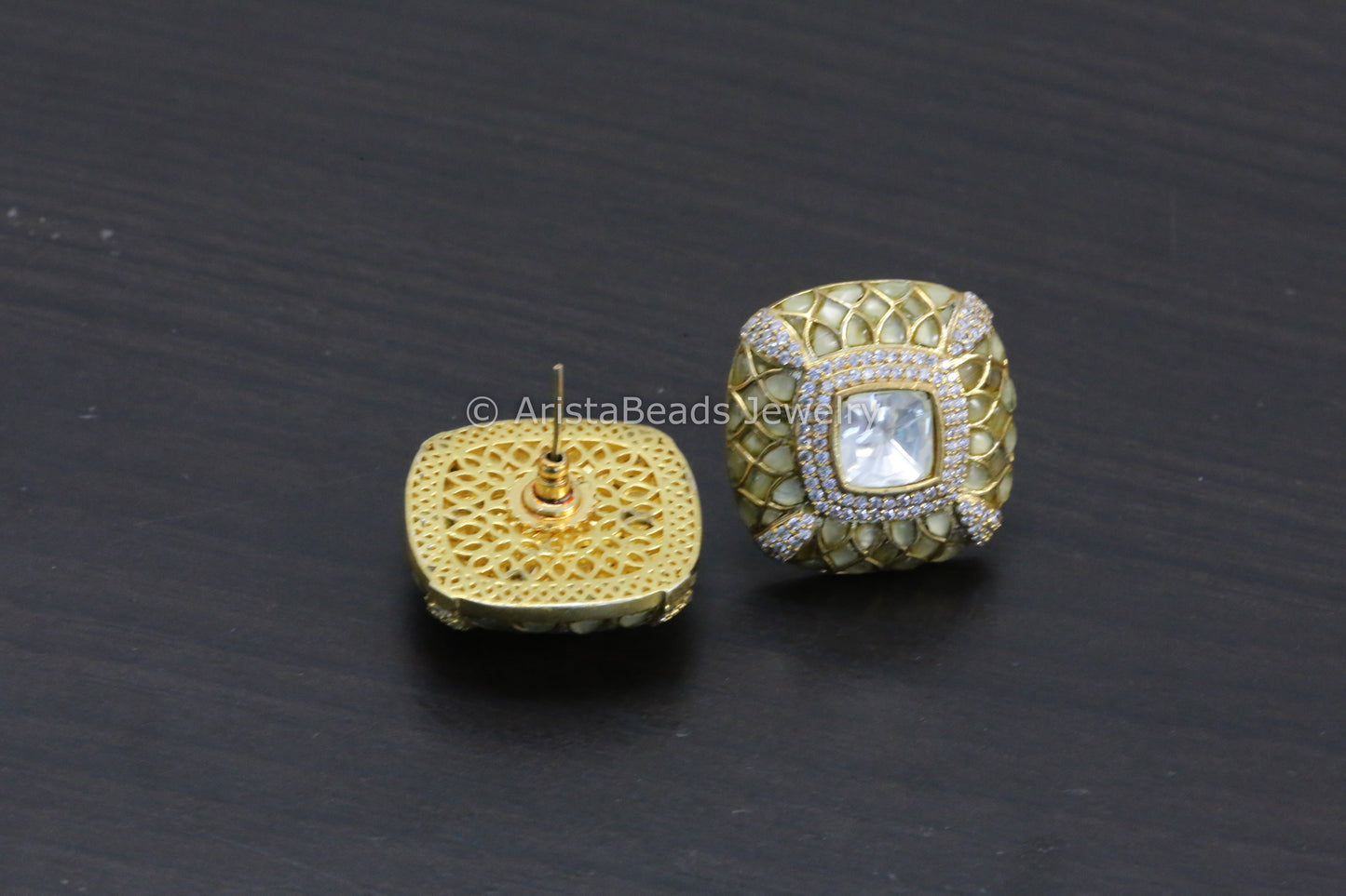 Next To Real Large Moissanite Polki & Jadau Stone Studs - Olive