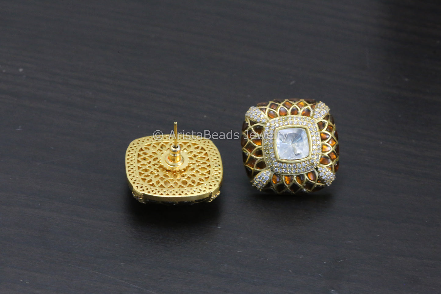 Next To Real Large Moissanite Polki & Jadau Stone Studs - Brown