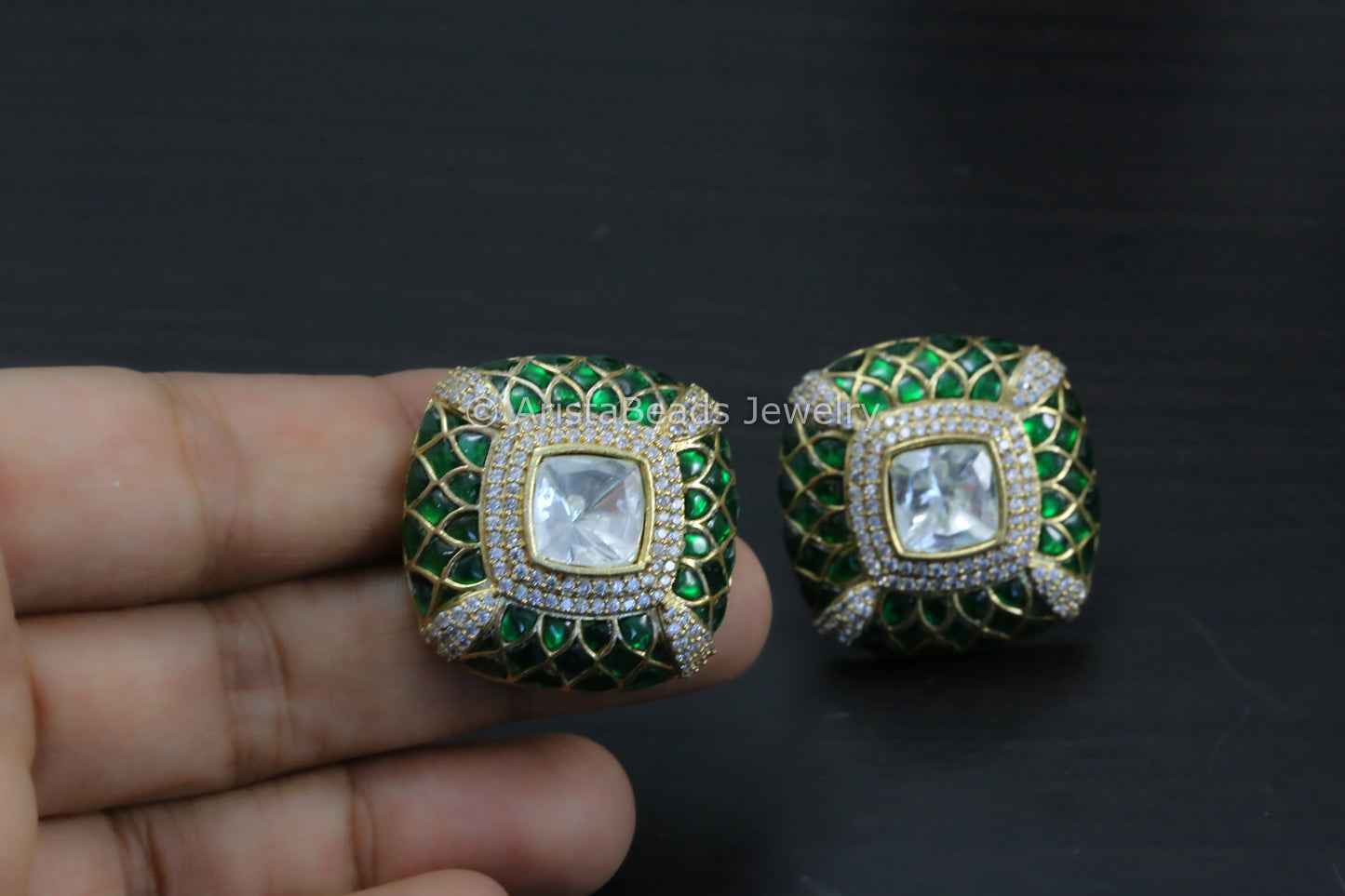 Next To Real Large Moissanite Polki & Jadau Stone Studs - Green