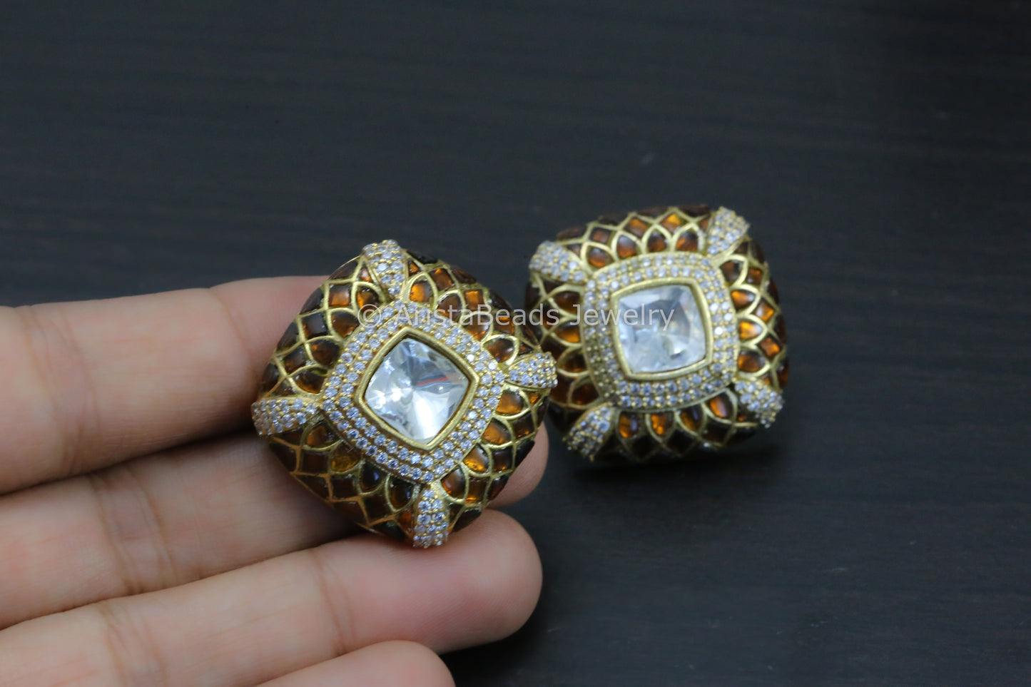 Next To Real Large Moissanite Polki & Jadau Stone Studs - Brown