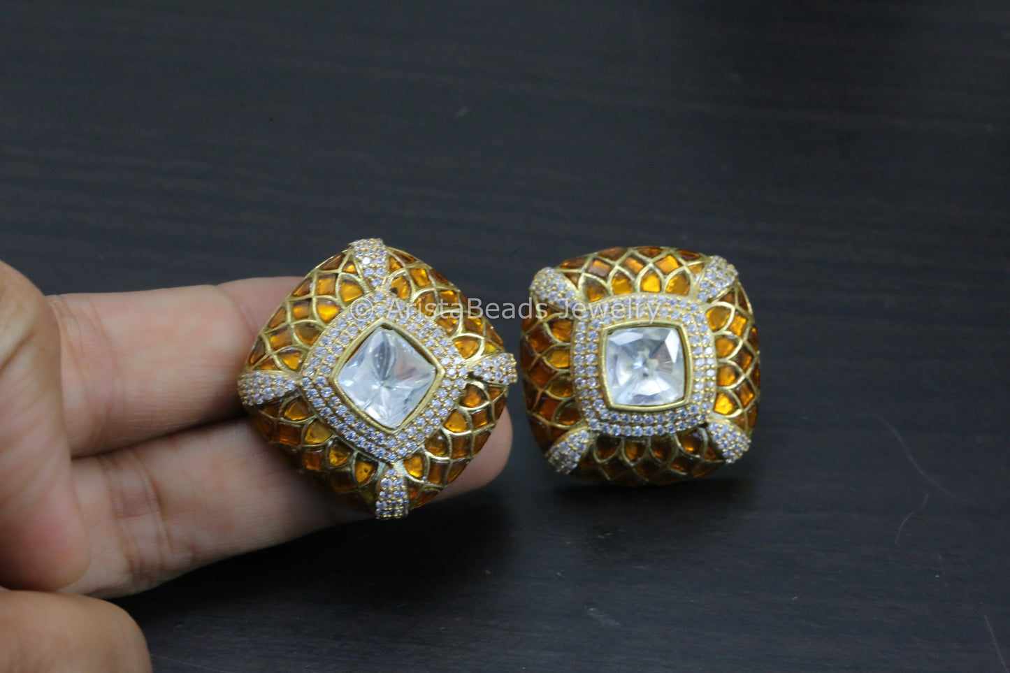 Next To Real Large Moissanite Polki & Jadau Stone Studs - Mustard