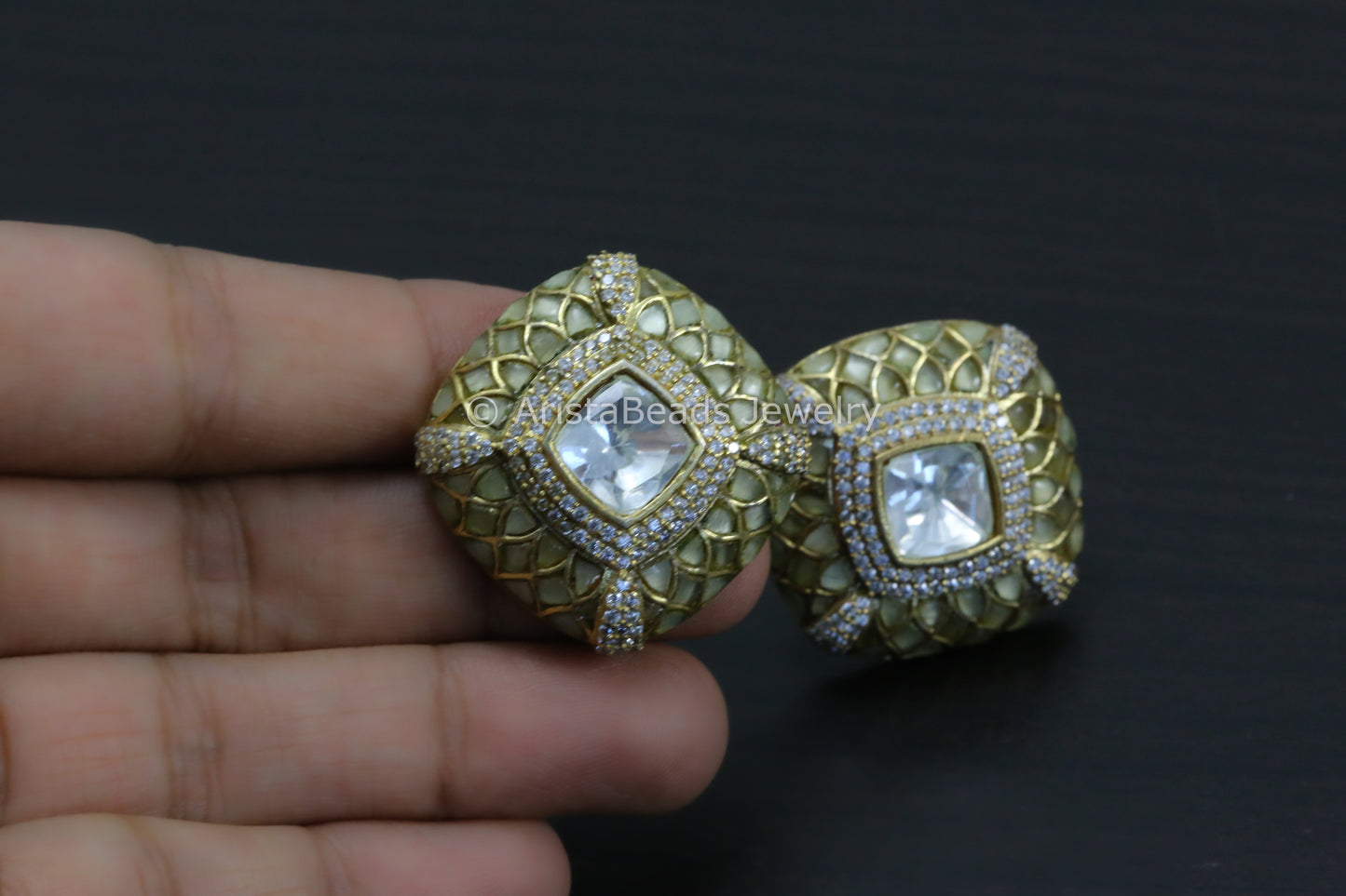 Next To Real Large Moissanite Polki & Jadau Stone Studs - Olive